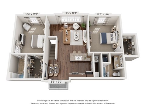 Floor plan for 2 beds, 2 baths, 1214 sqft
